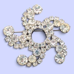 Clear Rhinestone 5 Swirl Brooch Silver Tone Openwork Statement Pin 2.25"